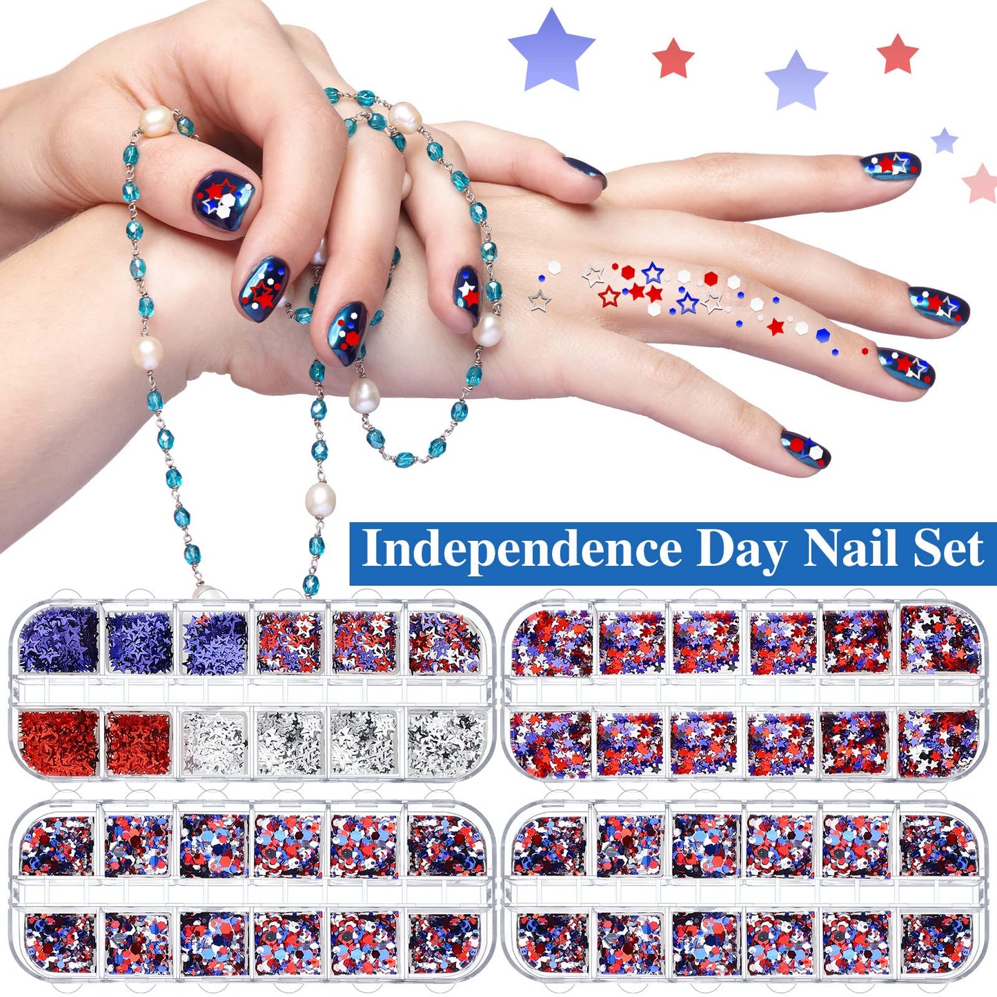 72 Set 4th of July Day Nail Charm 12 Pieces 3D Patriotic Star Nail Glitter Charm 48 Grids Memorial Day Star Nail Sequins 12 Sheet Nail Independence Day Sticker with Nail Brushes Gems for Women