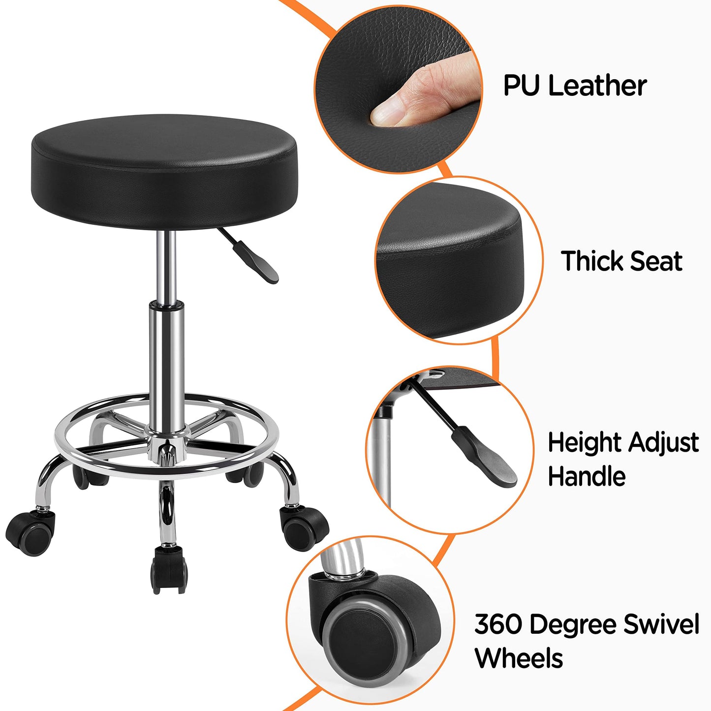 Yaheetech Rolling Stool Adjustable Stool Chair with Wheels Small Round Stool Shop Tattoo Chair with PU Leather Cushioned Seat and Foot Rest, Black