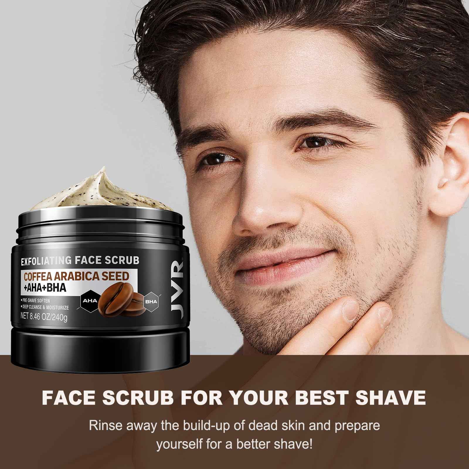Face Scrub for Men, Facial Scrub for Deep Exfoliating, Cleansing, Removing Blackheads, Ingrown Hairs, Pre-shave Soften, Organic Formulated with Coffee Extract, AHA and BHA Face Exfoliator (8.46 oz)