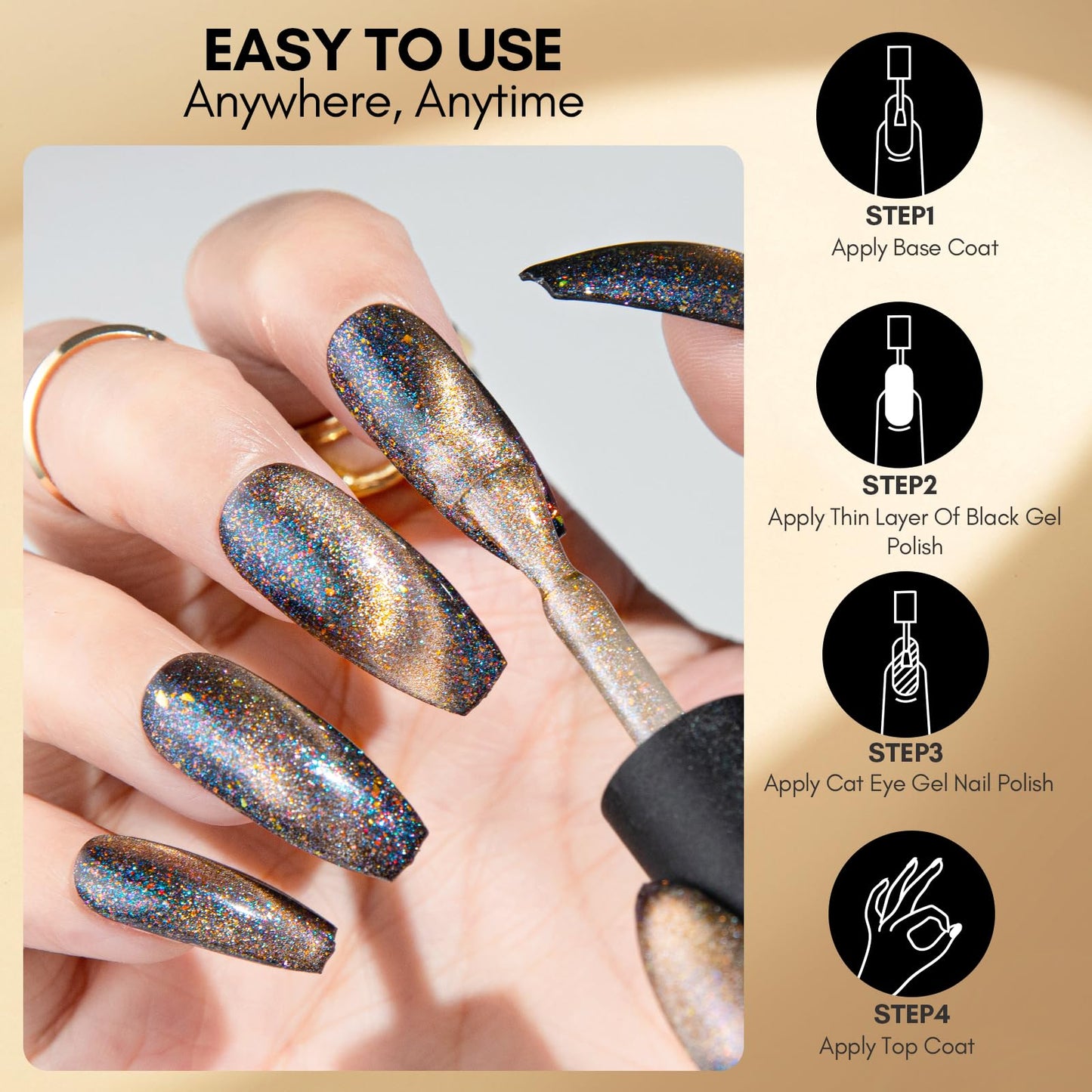 Makartt Gel Nail Polish, Black Hole Cat Eye Gel Polish 10ml Sparkly Cat Eye Glitter Spring Gel Polish with Magnet Stick Soak Off UV/LED Manicure Nail Art Designs-Glided Glow