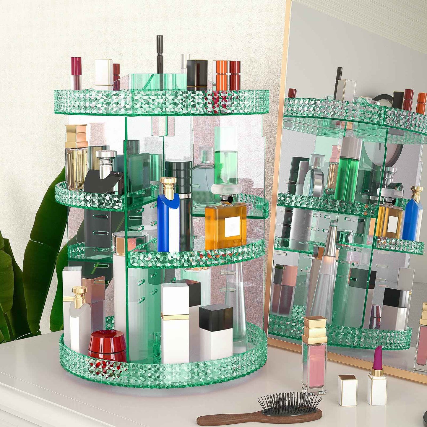 HEMTROY 360 Degree Rotating Makeup Organizer, Extra Large Capacity Organizador De Maquillaje, Removable DIY 7 Layers Cosmetics Organizer, Acrylic Perfume Organizer for Vanity Countertop (Green)
