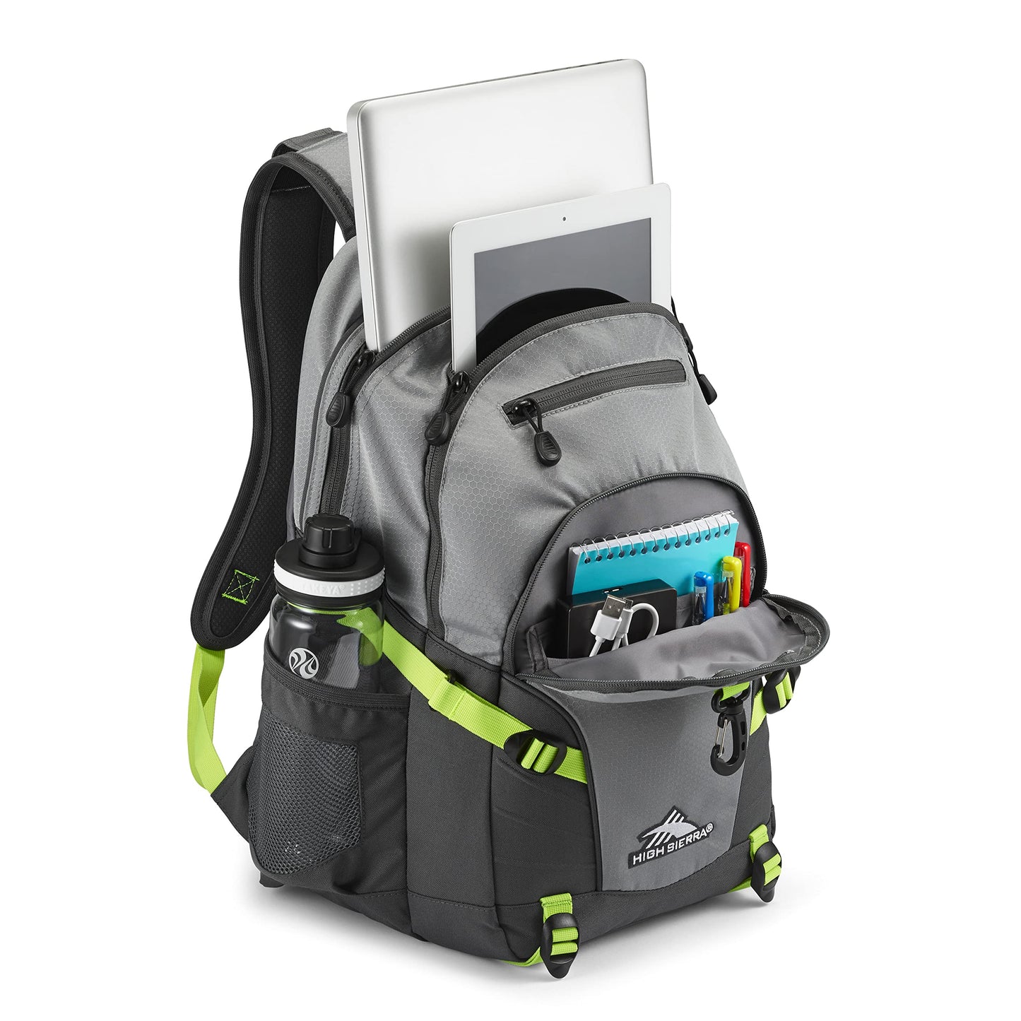 High Sierra Loop Backpack, Travel, or Work Bookbag with tablet sleeve, One Size, Steel Grey/Mercury/Neon Green