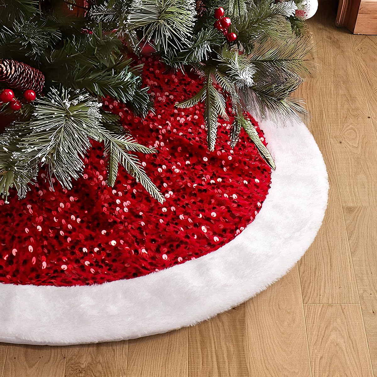 USILAND Christmas Tree Skirt, 24 Inches, Sparkling Red Sequin with White Faux Fur, for Xmas Holiday Home Decorations Christmas Decor (24 Inches)