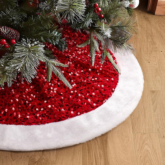 USILAND Christmas Tree Skirt, 24 Inches, Sparkling Red Sequin with White Faux Fur, for Xmas Holiday Home Decorations Christmas Decor (24 Inches)