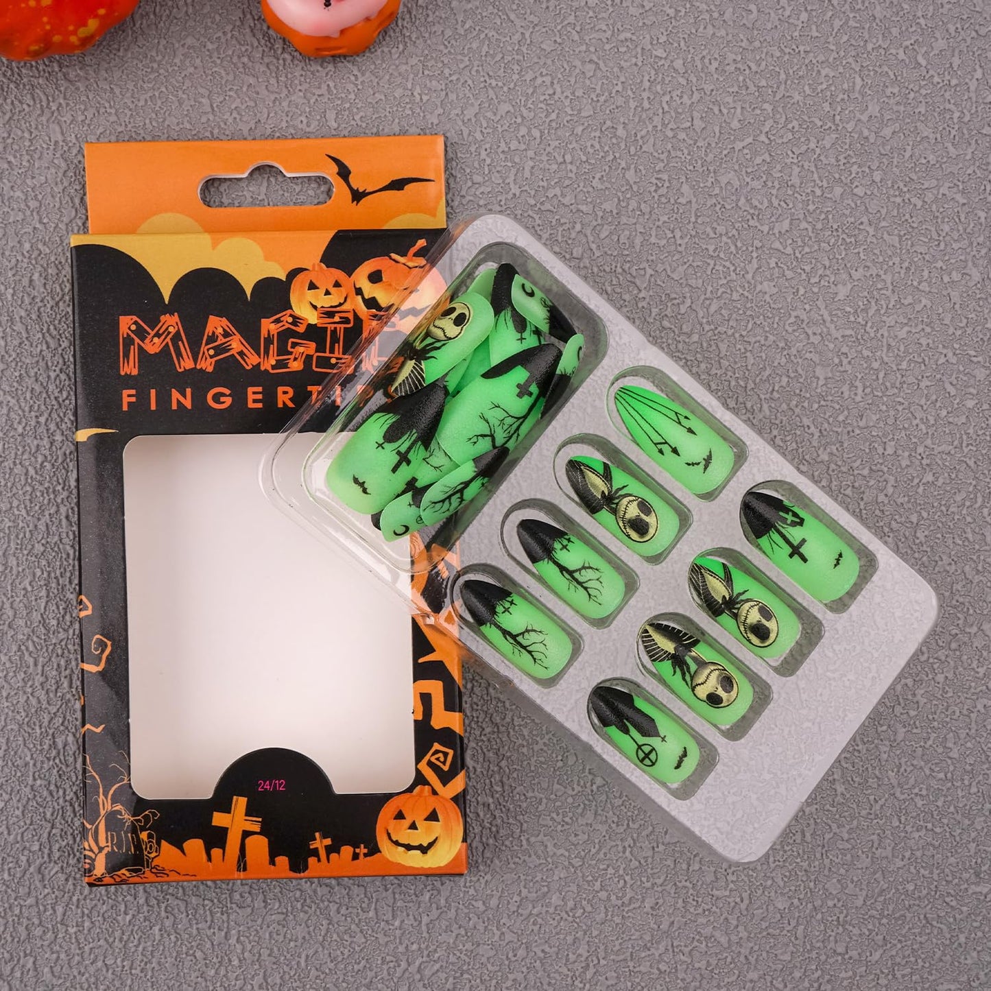 Pufandor Halloween Press on Nails Medium Almond Halloween Nails with Fluorescent Designs Fake Nails Glow At Night Horror Dolls Goth Nails Crosses Glossy False Nails for Women 24Pcs