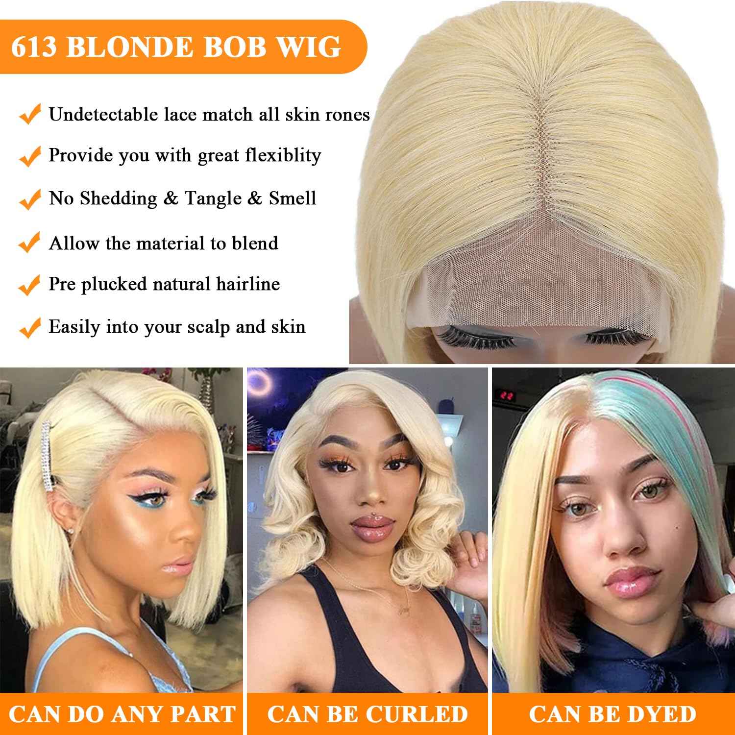 613 Short Bob Wig Human Hair Blonde Bob Wig HD Lace Front 8 Inch Short Bob Human Hair Wigs 180% Density Frontal Wigs Pre Plucked with Baby Hair for Black Women