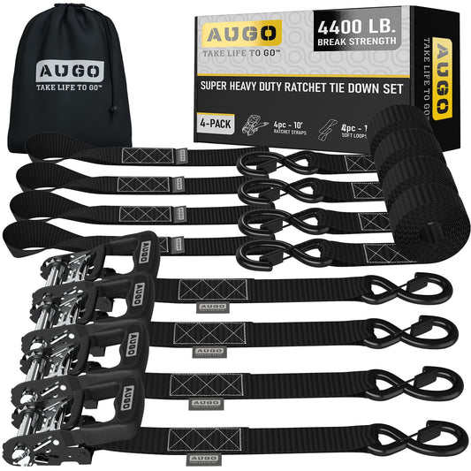 AUGO Heavy Duty Ratchet Straps & Soft Loops – Pack of 4 Extra Strong 1.5” by 10’ Ratchet Straps w/S-Hook Safety Latches & 4 Soft Loop Tie Downs – 4400Lb Break Strength for Motorcycles, ATVs, Etc.