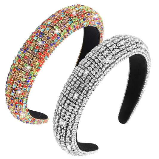 Wecoe 2pcs Silver Colorful Rhinestone Headbands Thick Padded Puffy Headband Bling Glitter Sparkly Diamond Headband Non Slip Fashion Head Band Holiday Formal Hair Accessories For Women Girls Gifts