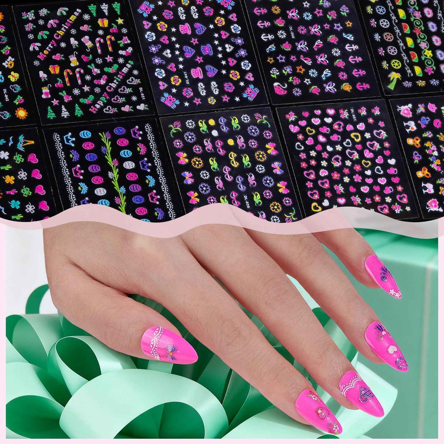 FANDAMEI Nail Stickers for Girls, 30 Sheets Cute Kids Nail Stickers for Nail Art, 3D Self-Adhesive Glitter Floral Fruit Heart Decals for Women, Little Girl Nail Decals for Design