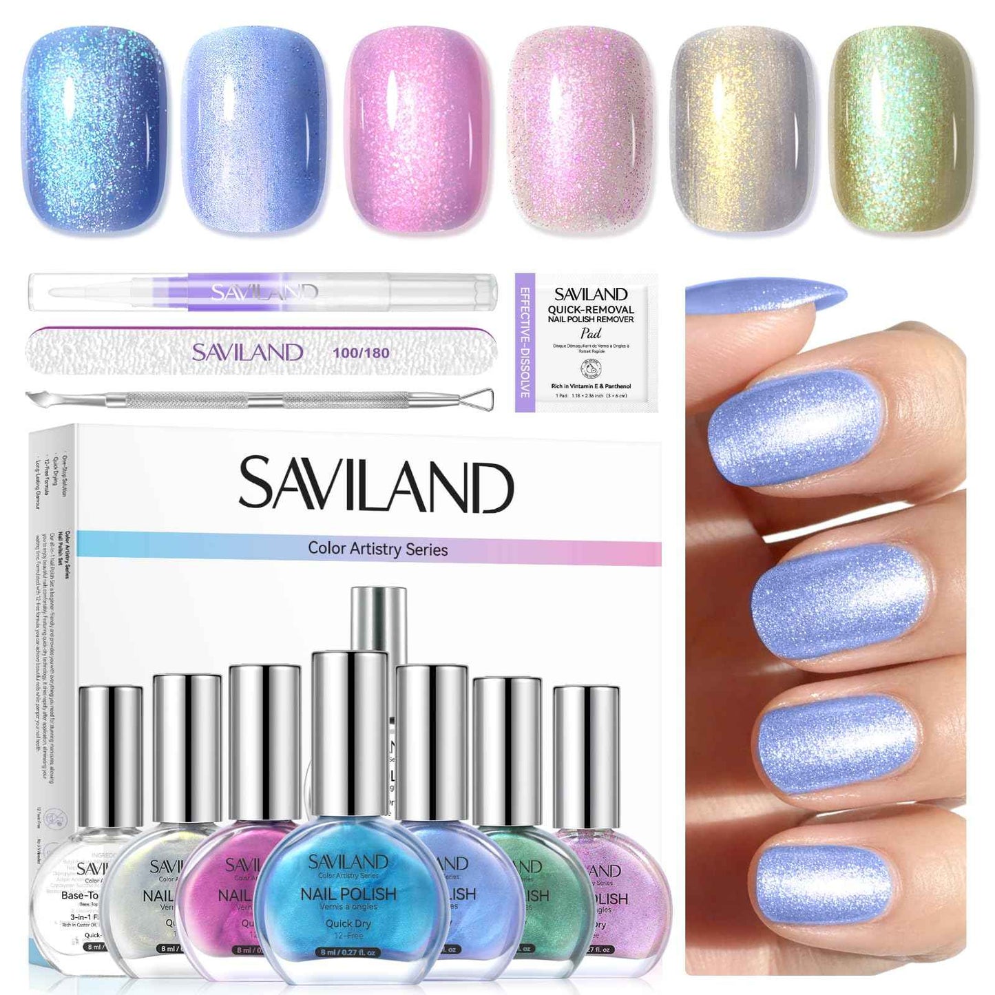 SAVILAND Color Artistry Quick-Dry Aurora Nail Polish Kit: 6+1 Colors Nail Polish Set with 3-in-1 Base Top Coat Cuticle Oil Pearl Glitter Pink Blue Green 12-Free Fingernail Polish for Women Girls Gift