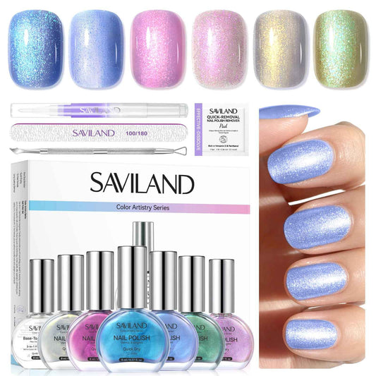 SAVILAND Color Artistry Quick-Dry Aurora Nail Polish Kit: 6+1 Colors Nail Polish Set with 3-in-1 Base Top Coat Cuticle Oil Pearl Glitter Pink Blue Green 12-Free Fingernail Polish for Women Girls Gift