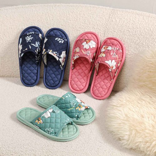 3 Pairs Floral Cotton House Slippers for Women, Open Toe Indoor Slippers Comfortable Washable Portable Foldable Guest Travel Hotel Airplane Spa Slippers