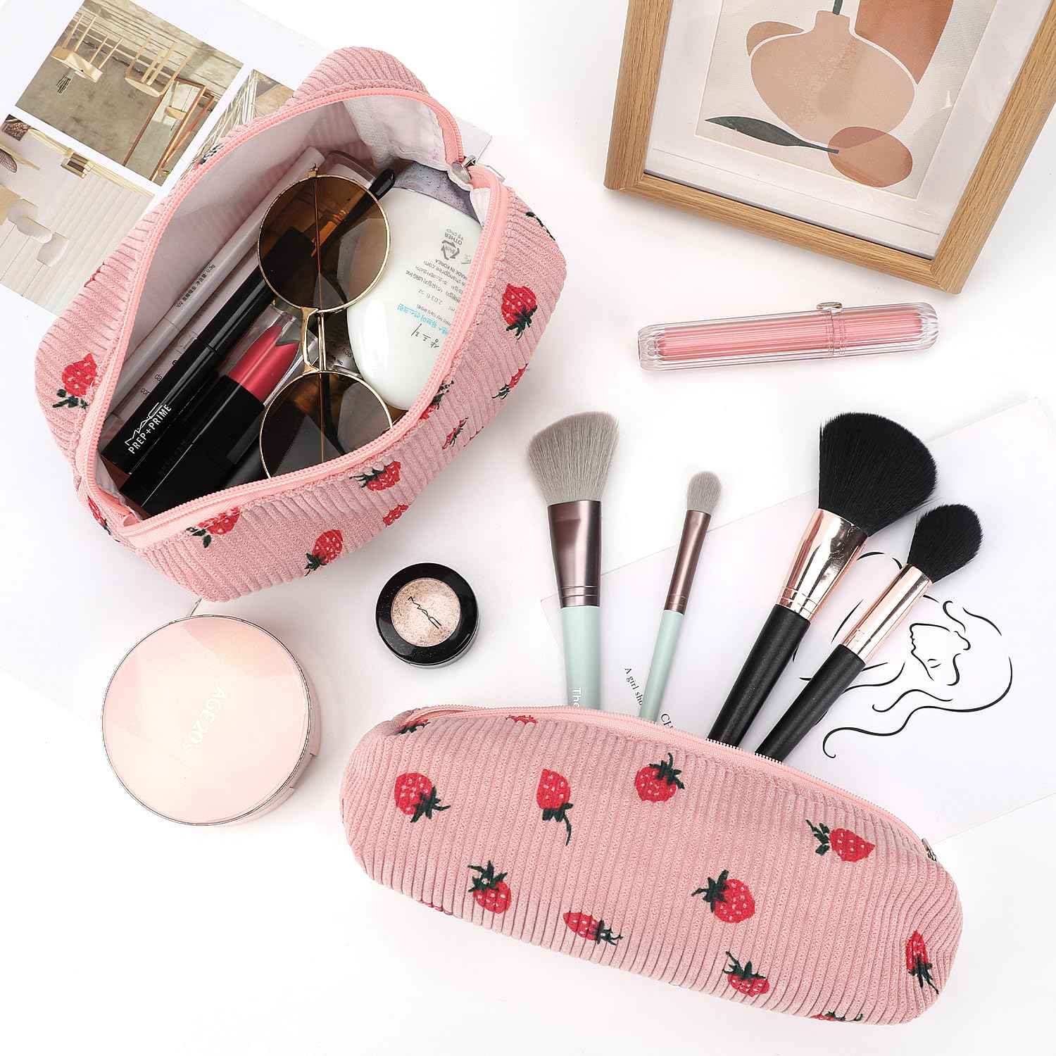 EIMMBD Makeup Bag 3 Pieces Large Capacity Cosmetic Bags Travel Toiletry Bag Organizer Cute Makeup Pouch Storage for Women(Pink Strawberry)
