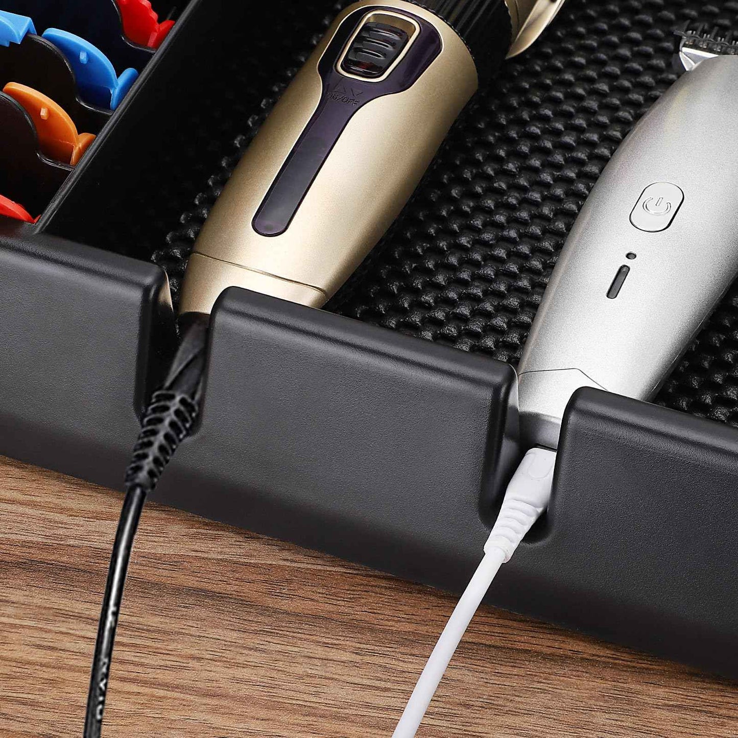 Large Barber Station Organizer for Corded Clippers & Guards, Barber Clipper Tray Anti-slip Hair Trimmer Holder, Multifunctional Detachable Hairdressing Tool Holder, Salon Haircut Supplies Storage Case