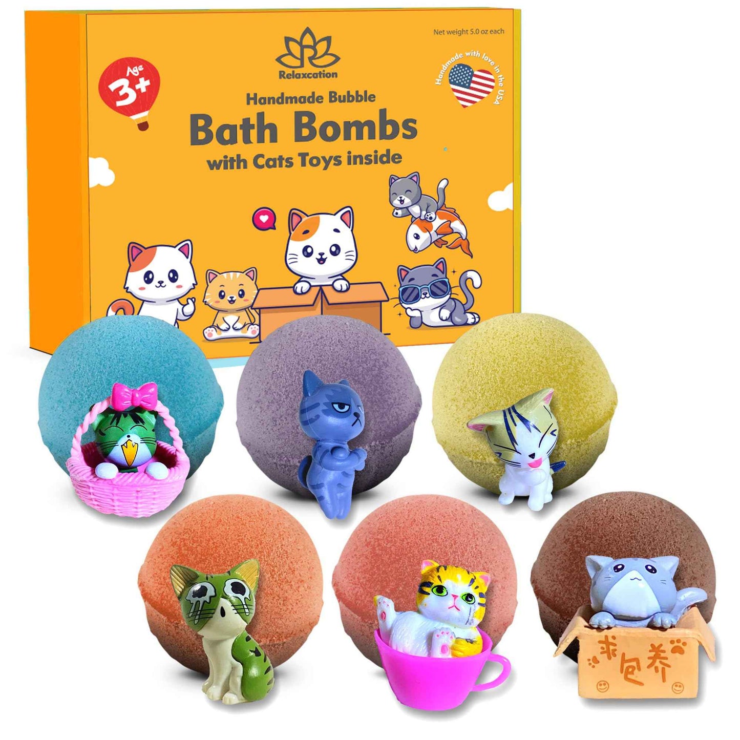 Made in USA 6 Organic Bath Bombs for Kids Set with Cat Toys Surprise Inside for Kids - Surprise Cute Cats Inside Each Fizzy Bath Ball - Natural and Safe for Girls, Boys, Teens - Perfect for Gift