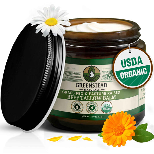 Greenstead Naturals Organic Beef Tallow for Skin – USDA-certified Whipped Tallow Balm for Skin Face and Body with Jojoba Oil and Cocoa Butter – Unscented and Herb-Infused – 2 oz.
