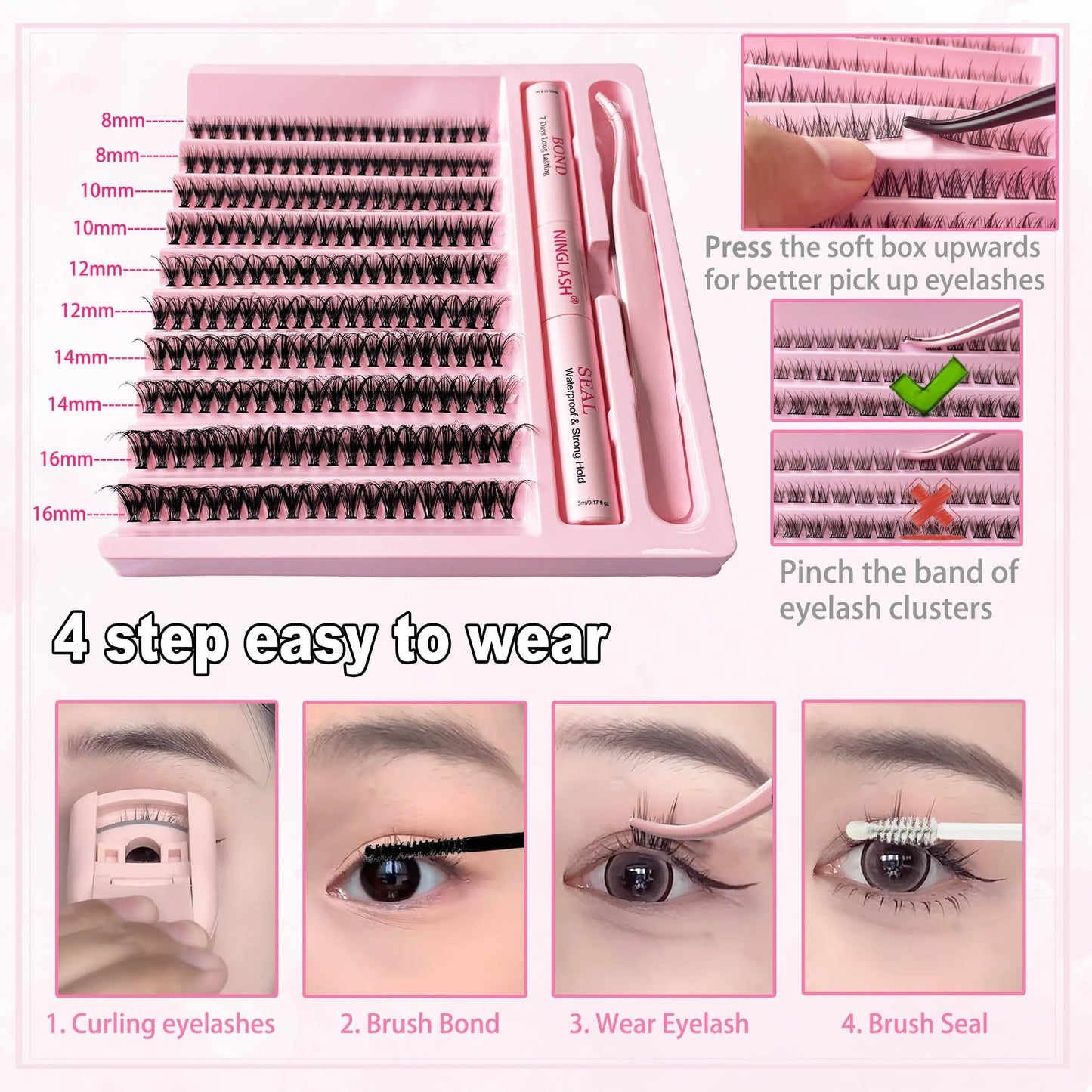 Lash Clusters with 7 Days Long Lasting Bond and Seal Lash Extension Kit 200 Pcs 8-16mm D Curl Wispy Eyelash Extension Kit at Home Lash Tweezers for Lash Clusters