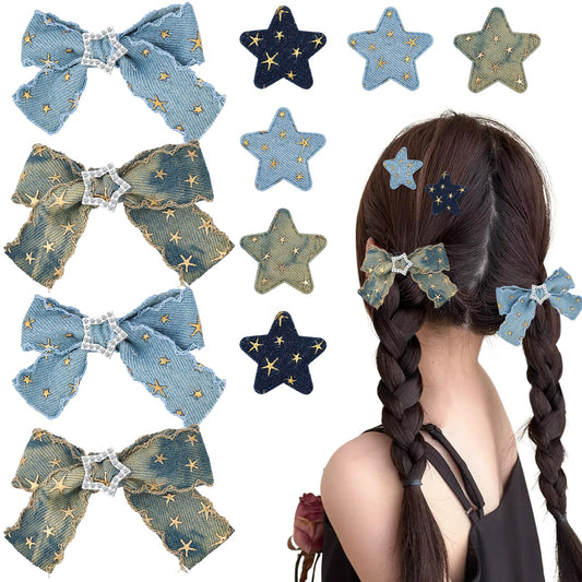 ZLSPTK 10Pcs Blue Denim and Metal Star Hair Clips for Women Girls, Small Hair Barrettes, Fine Hair Bowknot Accessories for Teens Kids