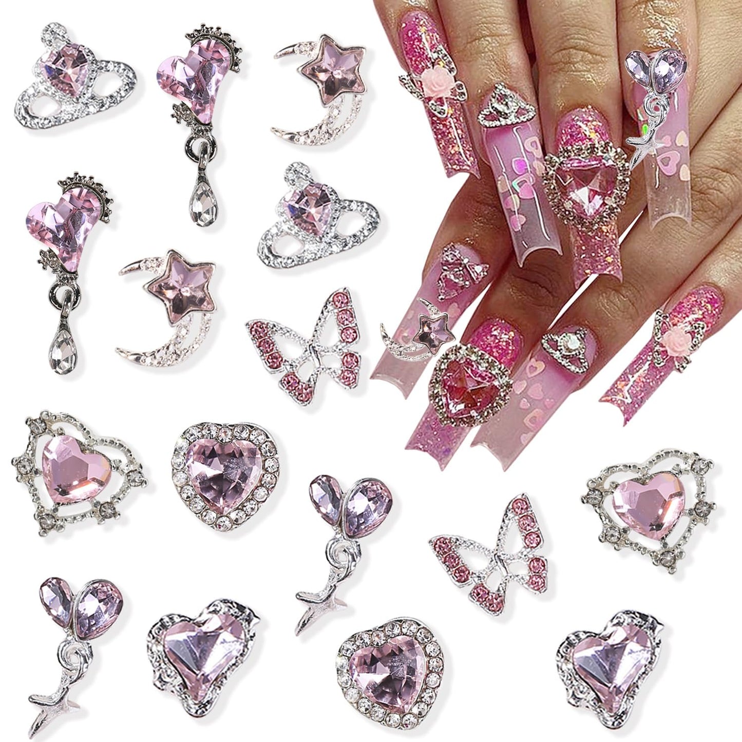 16Pcs Pink Butterfly Moon Heart Nail Charms for Nail Art Luxury 3D Silver Crystals Nail Gems Metal Pink Planet Heart Moon Nail Art Rhinestones for Acrylic Nails Jewelry DIY Manicure Accessories