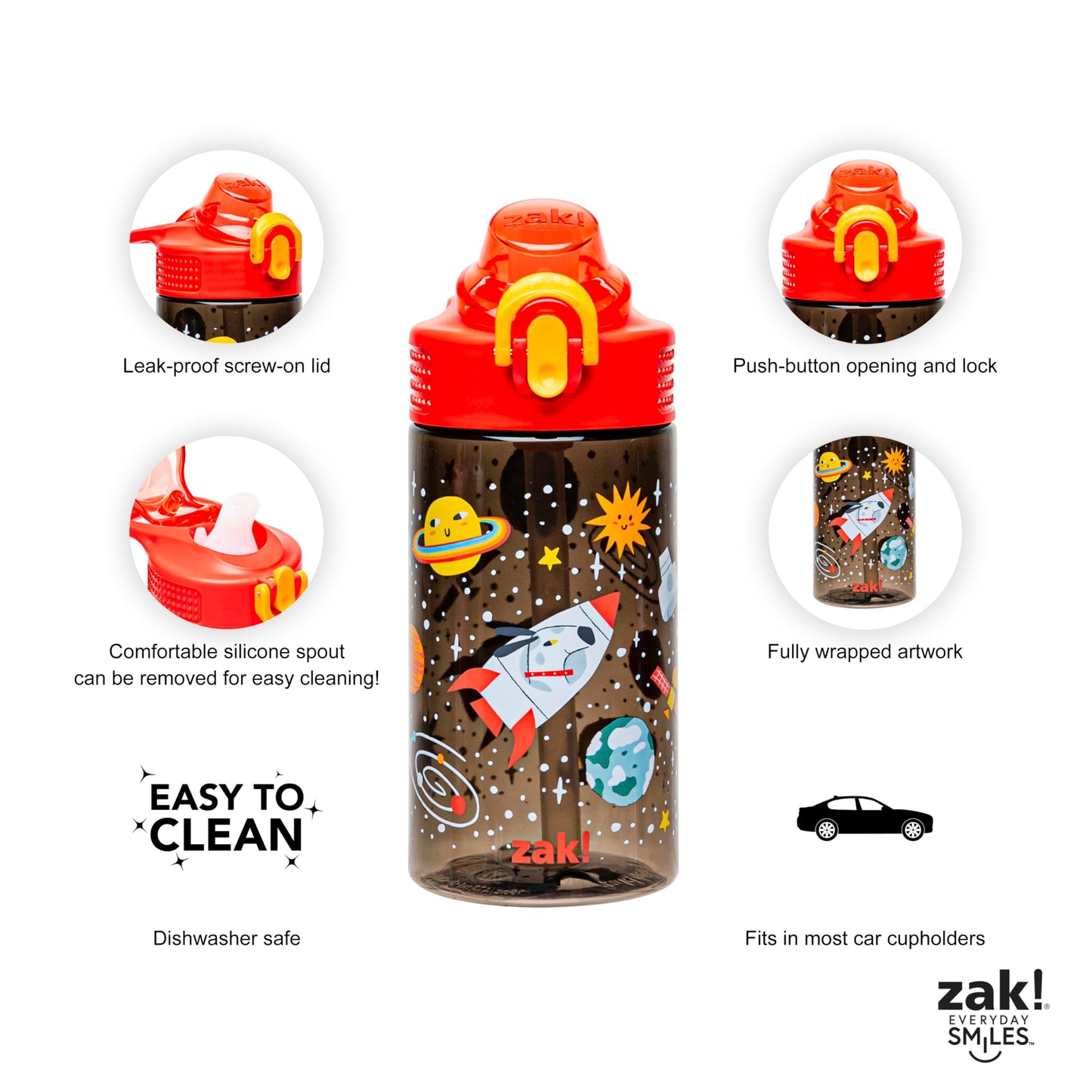 Zak Designs Sage Water Bottle For School or Travel, 16oz Durable Plastic Water Bottle With Straw, Handle, and Leak-Proof, Pop-Up Spout Cover (Spaceships)