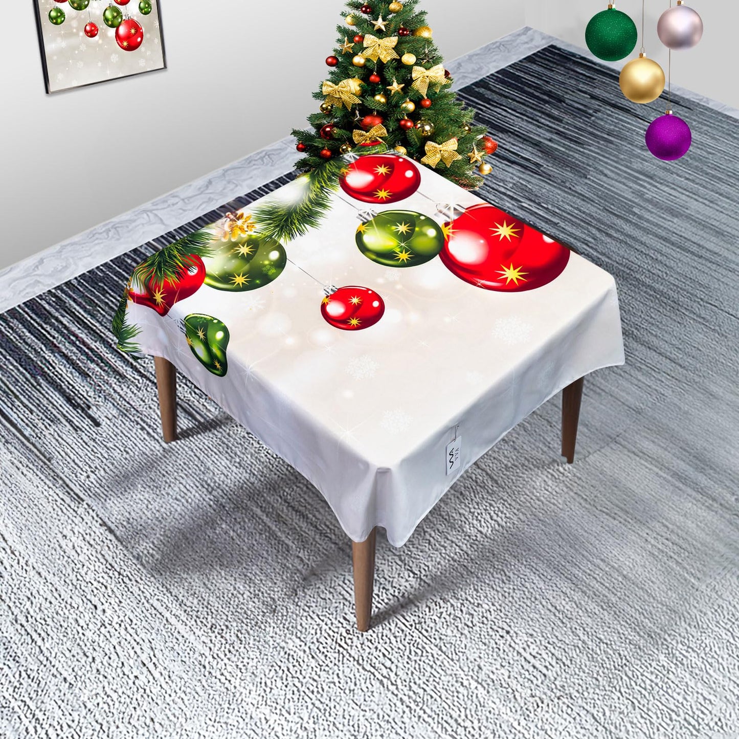 VVA Square Christmas Tablecloth, 60 Inch Winter Xmas Balls Hang on Pine Tree with Snowflake Baubles Square Table Cloth for Family Kitchen Gatherings Parties Dinner Decor