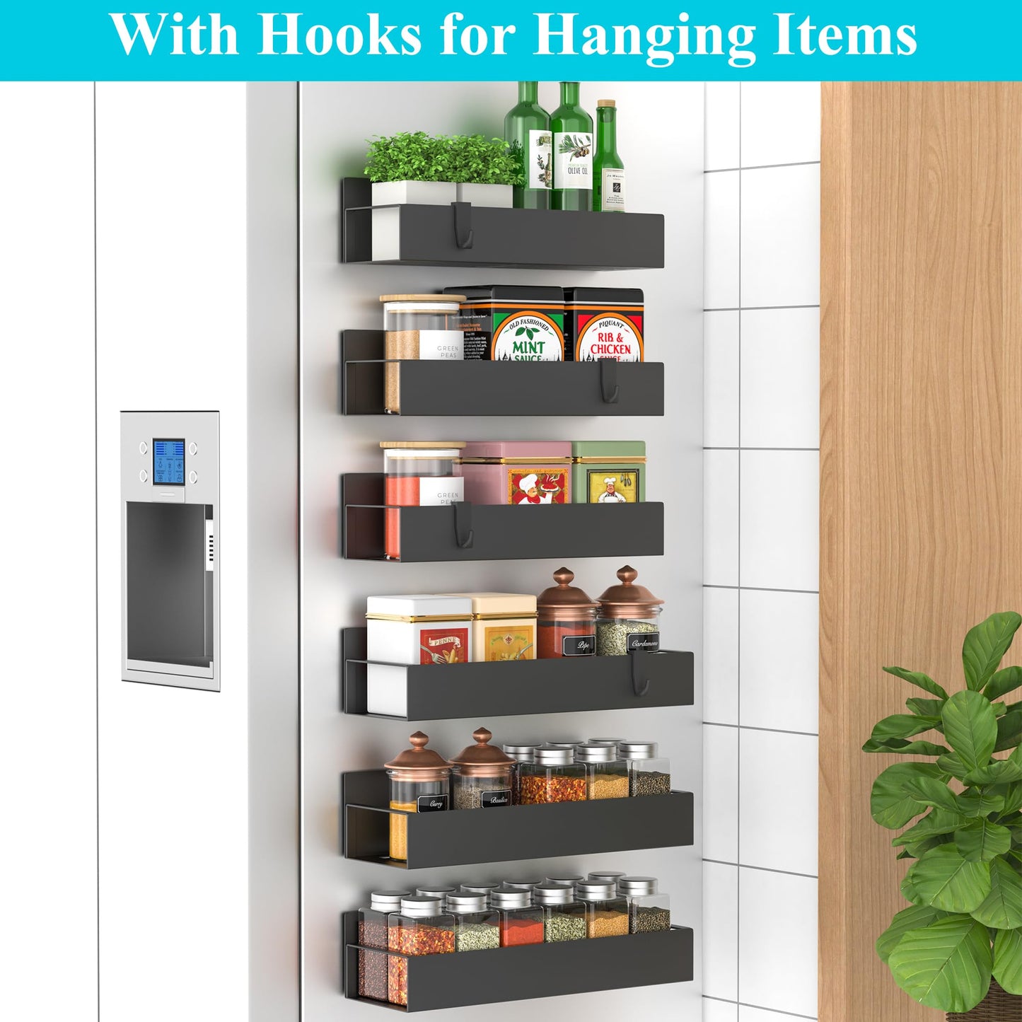 HuggieGems 6 Pack Magnetic Spice Storage Rack Organizer for Refrigerator and Oven, Black Fridge Organizers and Storage