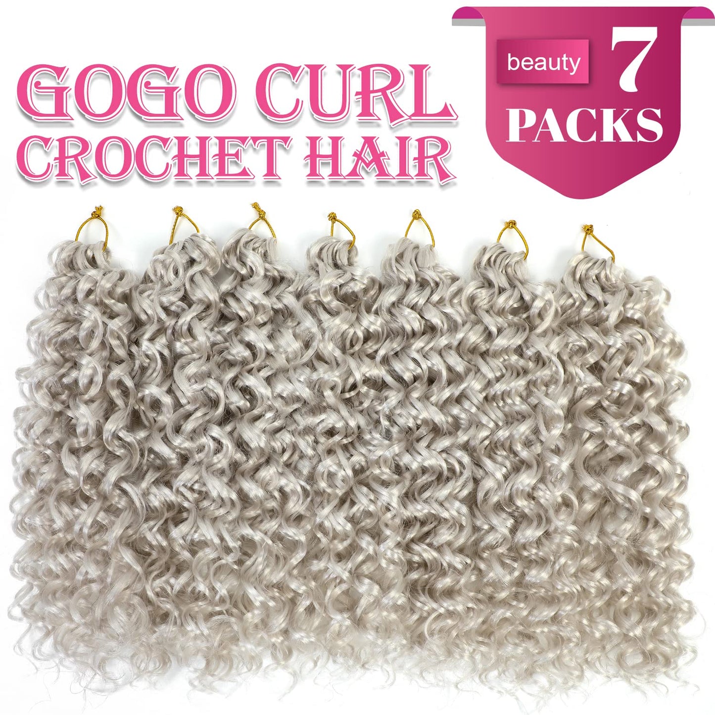 Gogo Curl Crochet Hair 14 Inch 7 Packs Curly Hair Crochet for Black Women Deep Wave Crochet Hair Beach Curl Crochet Hair Synthetic Braiding Hair Extensions (14 inch,7Packs Silver White)