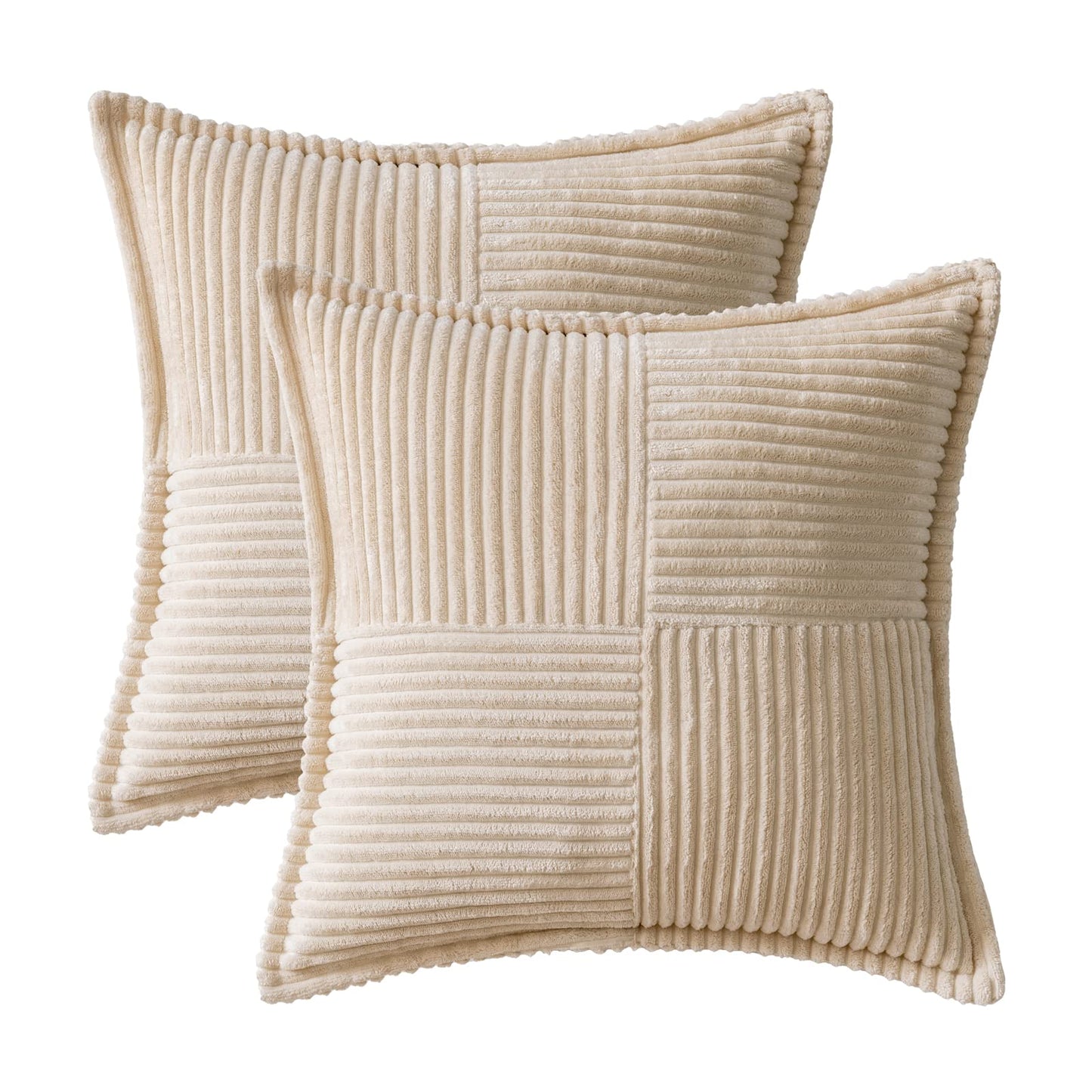 MIULEE Beige Corduroy Pillow Covers 12x12 inch with Splicing Set of 2 Super Soft Boho Striped Pillow Covers Broadside Decorative Textured Throw Pillows for Spring Couch Cushion Livingroom