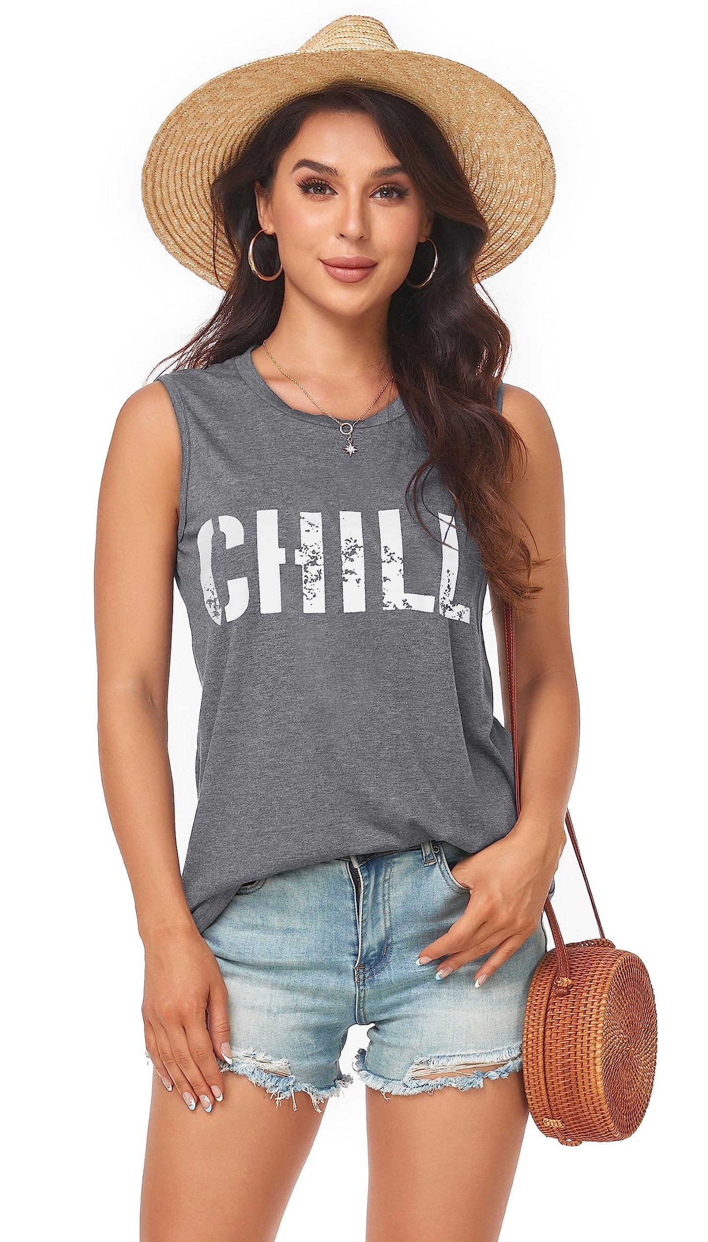 Womens Summer Tops Sleeveless Casual Loose Fit Graphic Blouses(Grey Letters, S)