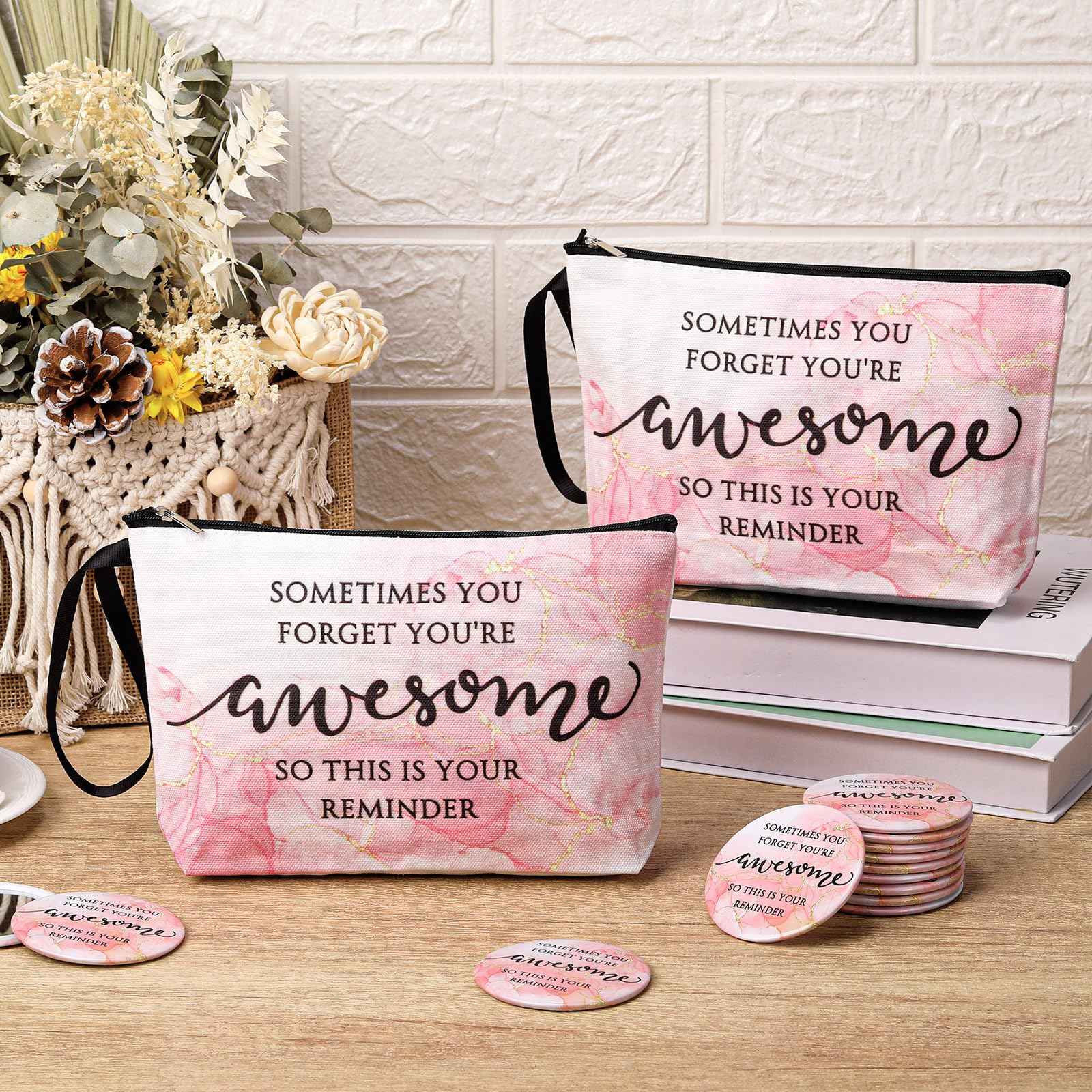 Beeveer 15 Sets Pink Thank You Gifts for Women, Makeup Bags and Compact Mirrors, Christmas Inspirational Gifts for Teacher Employee, Sometimes You Forget You're Awesome Set for Holiday, Thanksgiving