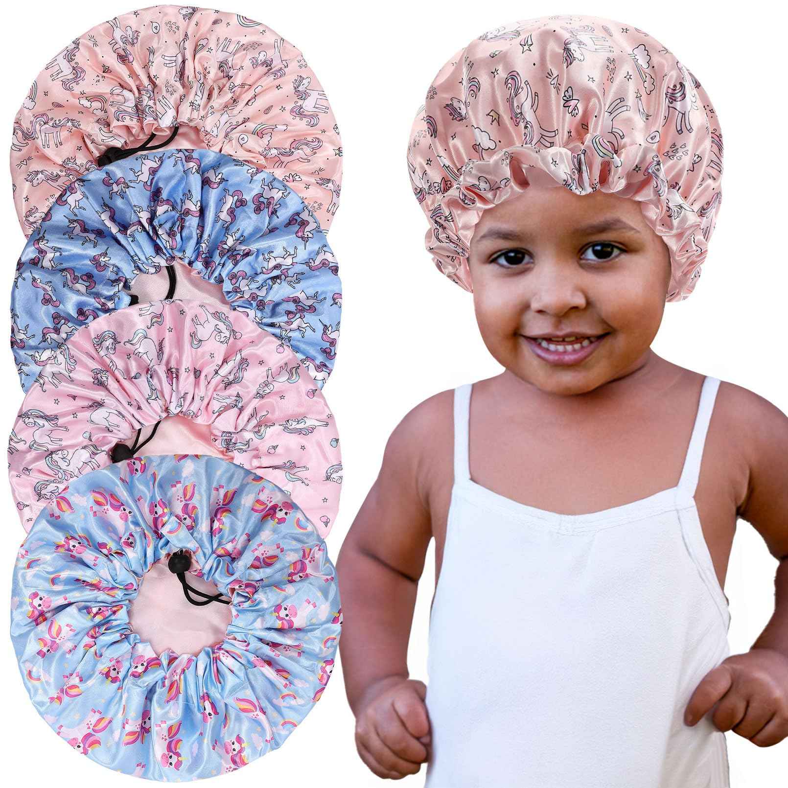 CACASO 4 Pieces Kids Satin Bonnet Sleeping Cap,Adjustable Satin Sleep Cap for Sleeping Hair Bonnet,Double Layer Reversible Sleep Bonnet Soft Night Hats for Natural Hair Toddler Child Baby(A-Unicorn)