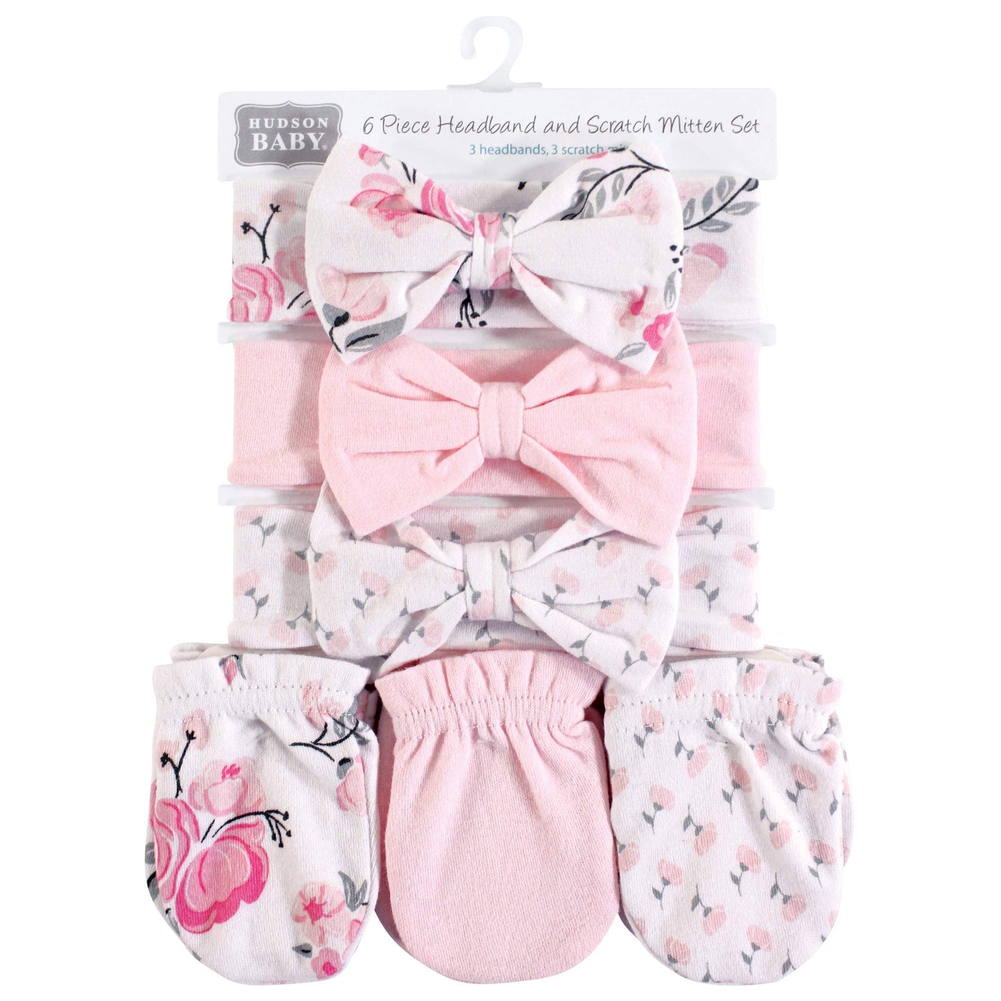 Hudson Baby baby girls Cotton Scratch Mitten Set Headband, Pink Floral, 0-6 Months US