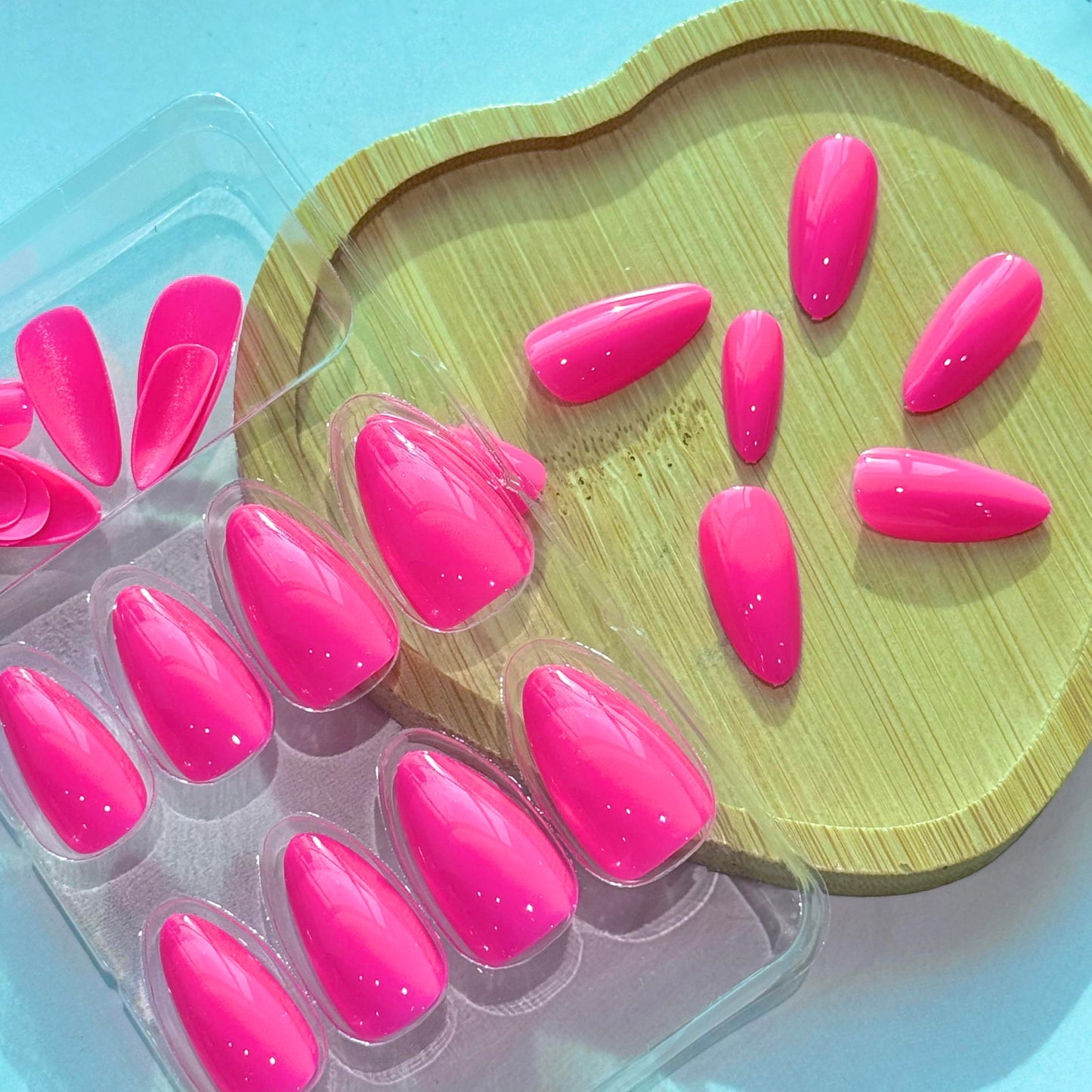 Hot Pink Press on Nails Almond Fake Nails Full Cover Solid Colour Stick on Nails with design Acrylic Artificial Nails Glossy Reusable False Nails for Women Girls Holiday 24pcs