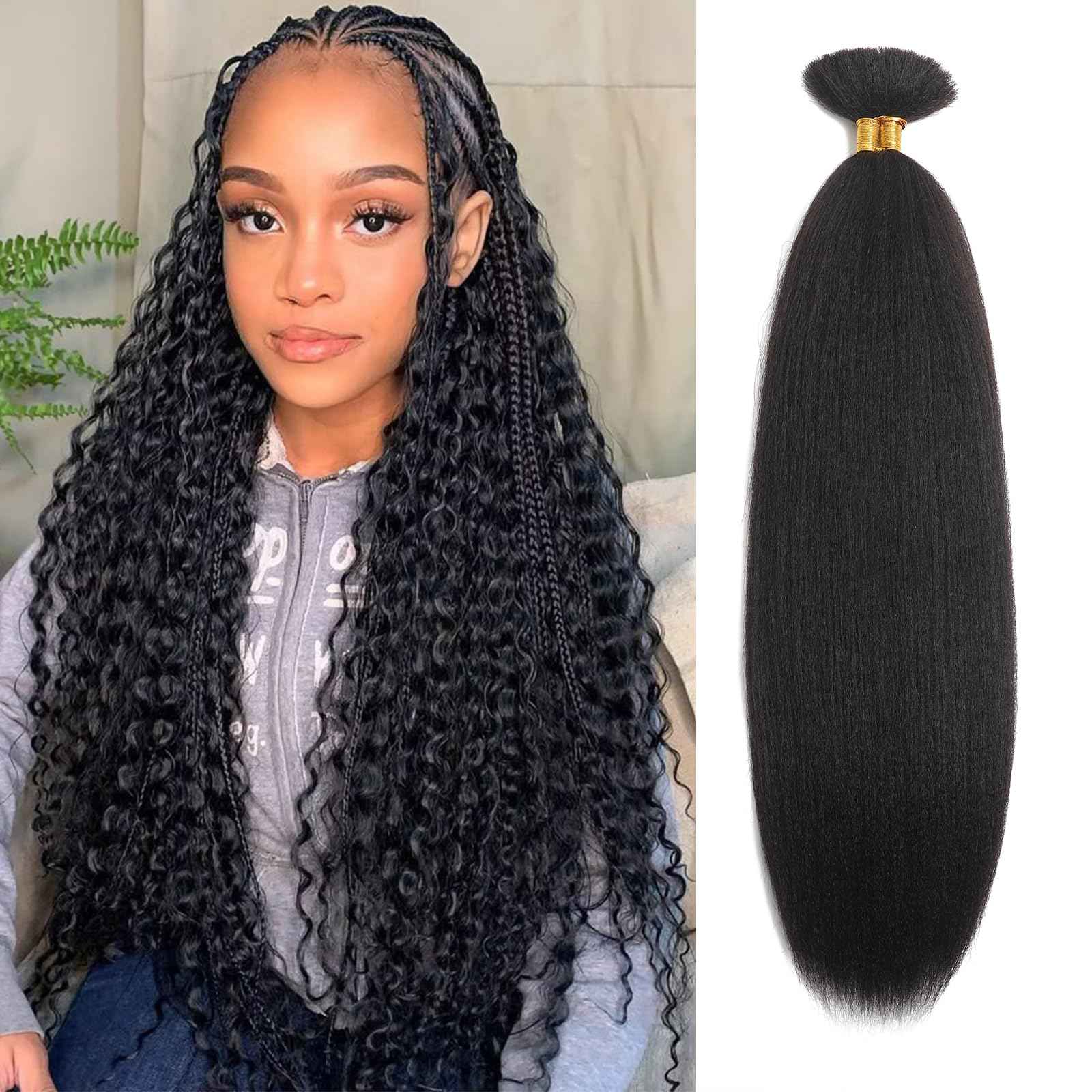 Human Braiding Hair for Boho Braids Human 100g 22 Inch Kinky Straight Bulk Human Hair Yaki Straight Bulk Hair Extensions for Black Women Bohemian 1 Bundles/Pack Natural Color