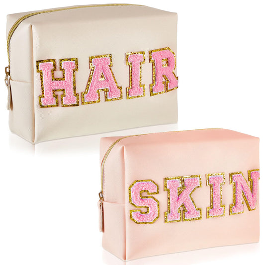 Patelai 2 Pcs Preppy Makeup Bags Chenille Letter Patch Bag Face Skin Hair Stuff Aesthetic Cosmetic Bag Travel Zipper Pouch Makeup Organizer Graduation Gift for Girls(White, Pink, Body, Face)