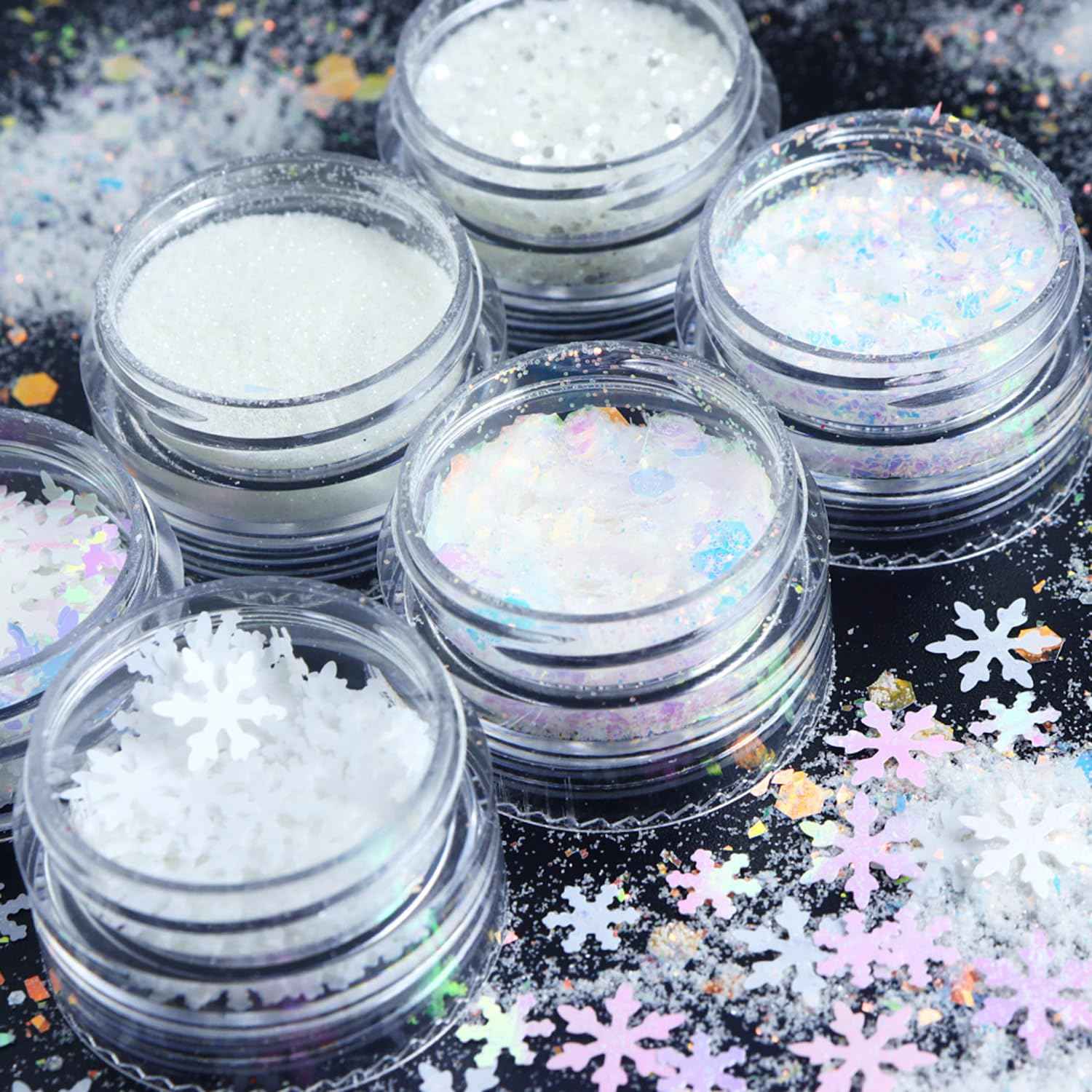 Totelux White Nail Glitter Powder Snowflakes Nail Sequins 6 Jars Winter Snowflakes Nail Art Flakes Powder Kit for Acrylic Christmas Nails Decorations DIY Crafts