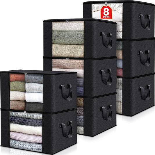 Fab totes 8-Pack Clothes Storage, Foldable Blanket Storage Bags, Storage Containers for Organizing Bedroom, Closet, Clothing, Comforter, Organization and Storage with Lids and Handle, Black