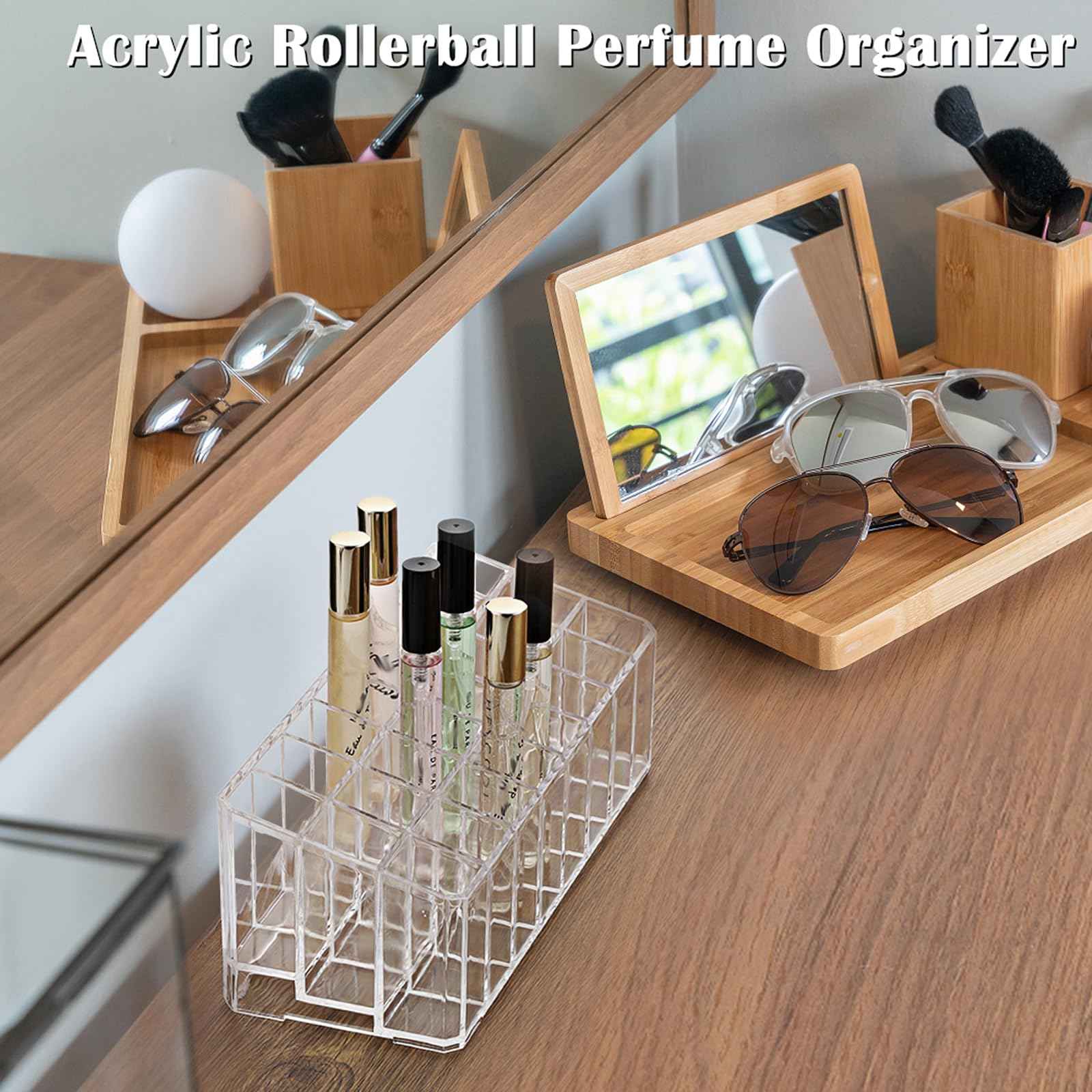 ELLDOO Rollerball Perfume Organizer, 24 Spaces Clear Acrylic Perfume Storage Holder Beauty Scent Holder, Makeup Lipgloss Lipstick Display Case