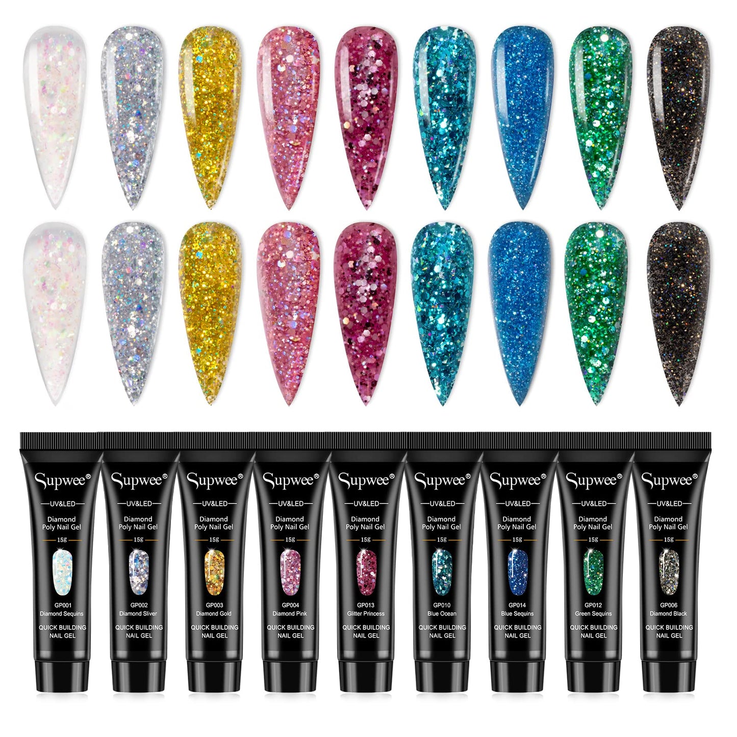 SUPWEE Glitter Poly Extension Gel Set for Nail Builder Nail Strengthen Poly Nail Enhancement with Poly Nail Forms Varnish Soak Off UV Gel Manicure Nail Salon Set 9 Colors 15ML(0.5FL OZ)