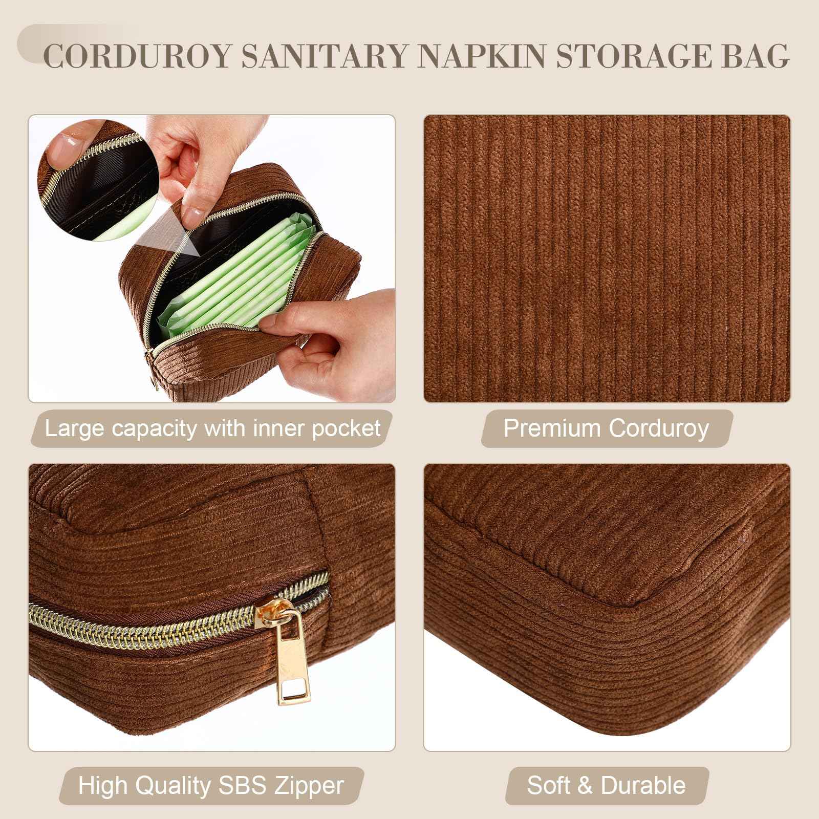 Dansydaisy 4 Pcs Sanitary Napkin Storage Bag Brown Corduroy Period Christmas Bag for Gift School Teen Mini Makeup Preppy Cosmetic Wallet Set for Women Portable First Period Cute Pad Pouch with Zipper