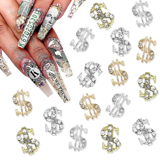 YAEISM 16PCS Money Dollar Nail Charms 4 Styles Gold and Silver Money Nail Charms 3D Alloy Money Sign Nail Charms with Crystals Shiny Rhinestones for Nail Art and DIY Crafts Jewelry Decoration