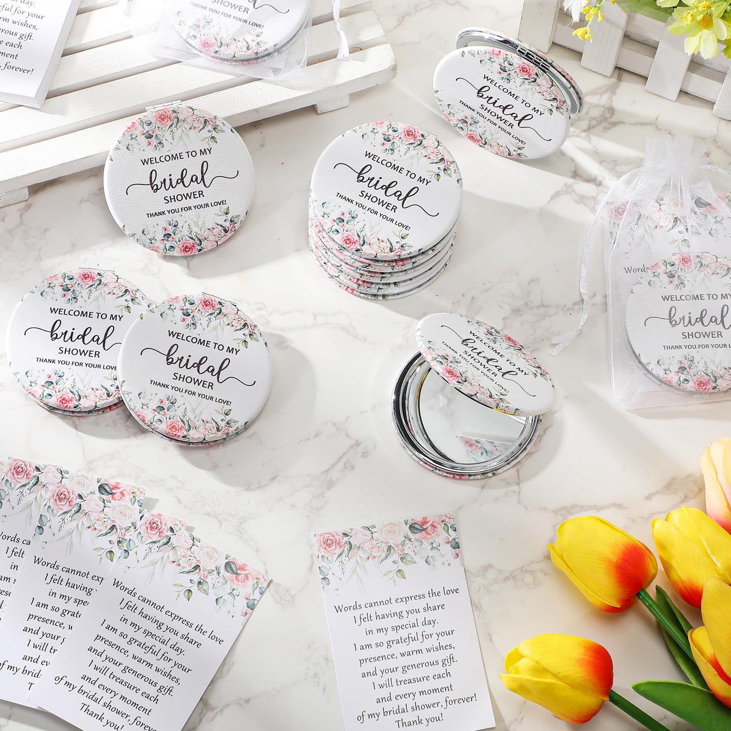 XunYee 24 Sets Bridal Shower Favors for Guests Flower Design Makeup Mirrors Leather Compact Mirrors Bridal Thank You Cards with Organza Bags Bridesmaid Gifts Wedding Party Favors Supplies