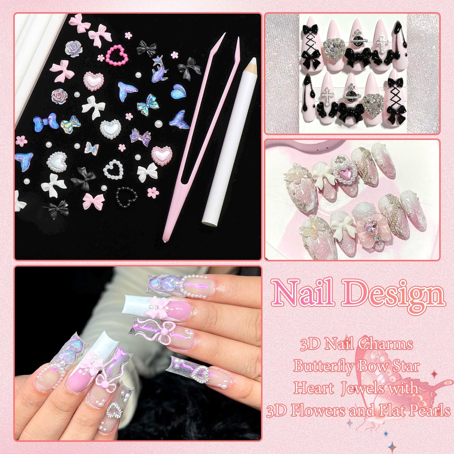 BELICEY 600PCS 3D Nail Charms and Flatback Pearls 3 Colors Bows Nail Art Charms Flower Heart Shaped Nail Charms Cute Kawaii Pretty Nail Beads Charm for Manicure DIY Crafts Jewelry Accessories