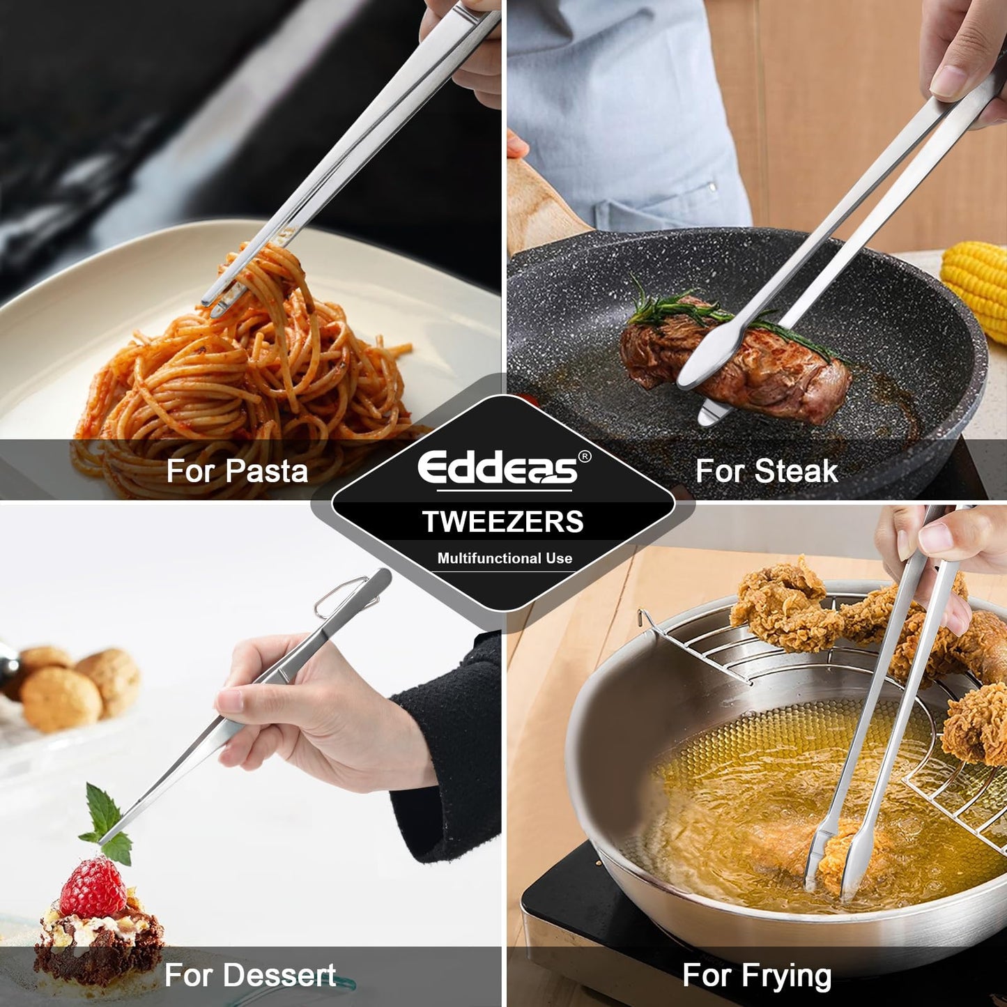 Eddeas Kitchen Tweezers Tongs, Cooking Tweezers Stainless Steel - 3 Size 12'' 10'' & 8 inch Ideal for Meat, pasta, plating and pinching delicate small pieces of food, Set of 3