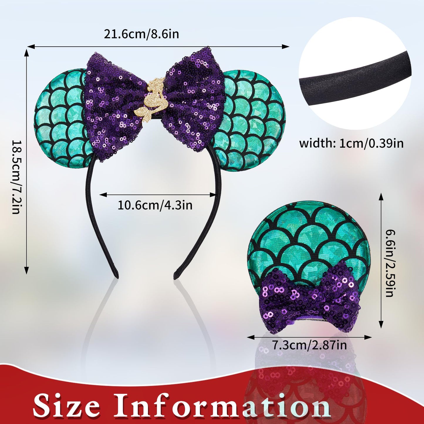 Akkya Mouse Ears Headband Hair Clips Accessories for Women Girl Kid Adult Birthday Party Princess Park Costume Mini Bow Present Mermaid