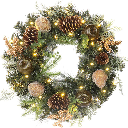 Christmas Wreath 20" Christmas Front Door Wreath Ornament with LED Lights Pinecone Berries Artificial Pine Garland for Party Table Fireplaces Porch Walls New Years Halloween Home Decor