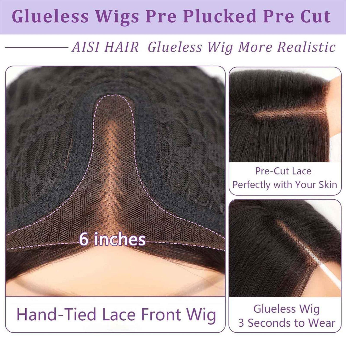 AISI HAIR 14 Inch Natural Black Wigs for Women - Shoulder Length Wave Wig with Pre-Cut Lace Hairline, Middle Part Natural Wavy Bob Synthetic Heat Resistant Fiber for Daily and Party