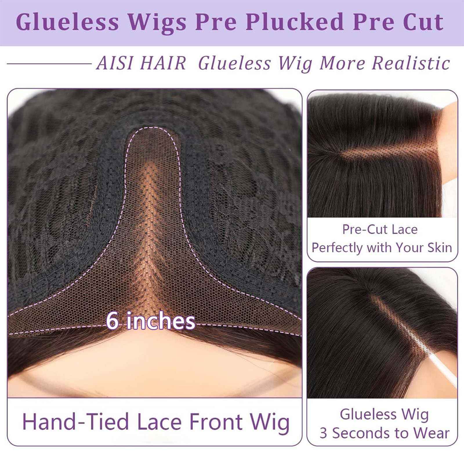 AISI HAIR 14 Inch Natural Black Wigs for Women - Shoulder Length Wave Wig with Pre-Cut Lace Hairline, Middle Part Natural Wavy Bob Synthetic Heat Resistant Fiber for Daily and Party