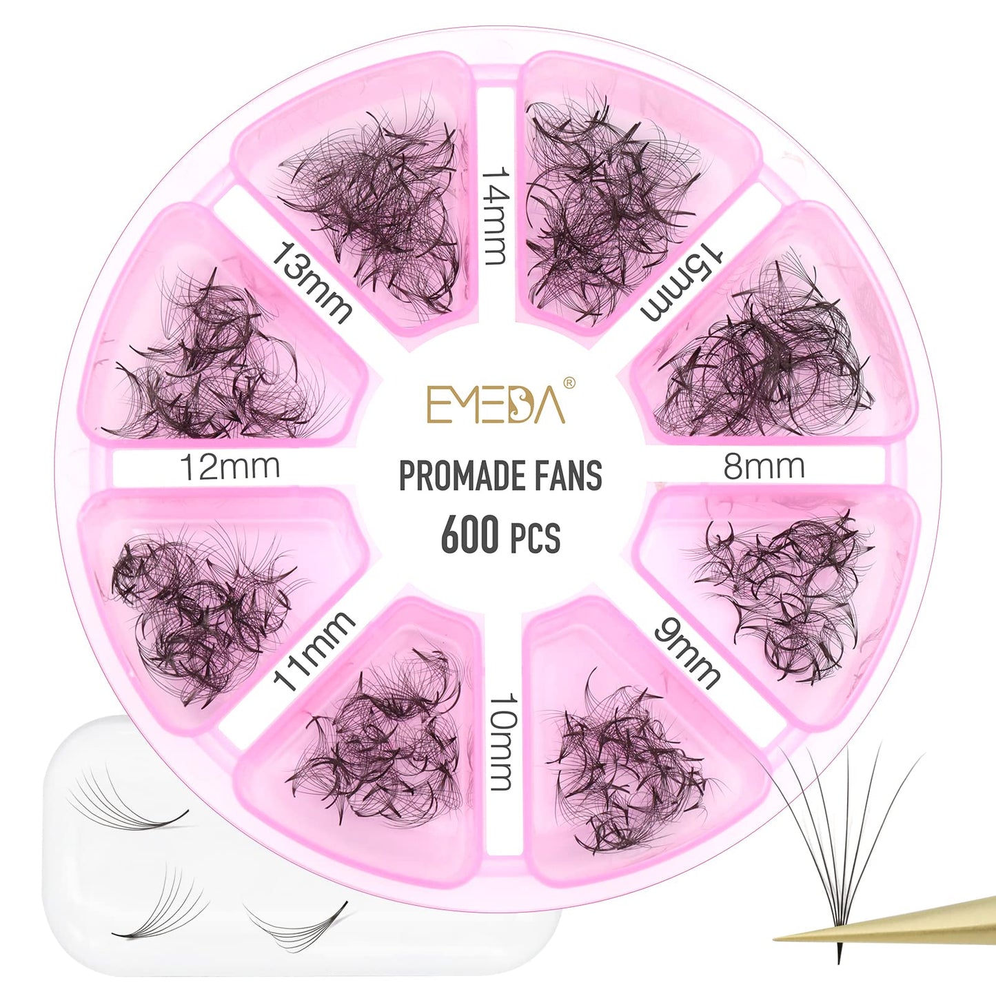 Premade Fans Eyelash Extensions 600 pcs Pointy Thin Base Promade Loose Fans Stable D Curl 8-15mm Mix Lengths Pre Made Volume Lashes with Reusable Silicone Pad by EMEDA (6D 0.07 D 8-15mm)