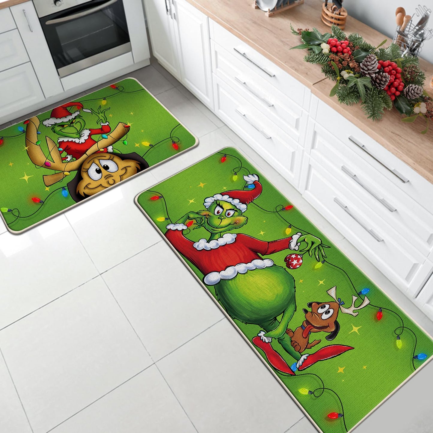 Tailus Christmas Kitchen Rugs Set of 2, Green Xmas Max Dog Kitchen Mats Decor, Funny Holiday Floor Door Mat Home Decorations -17x29 and 17x47 Inch